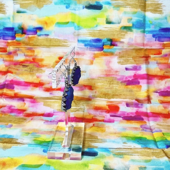 Iridescent Blue Moon Face Earrings Hand Crafted Sterling Silver Wires - Picture 6 of 6